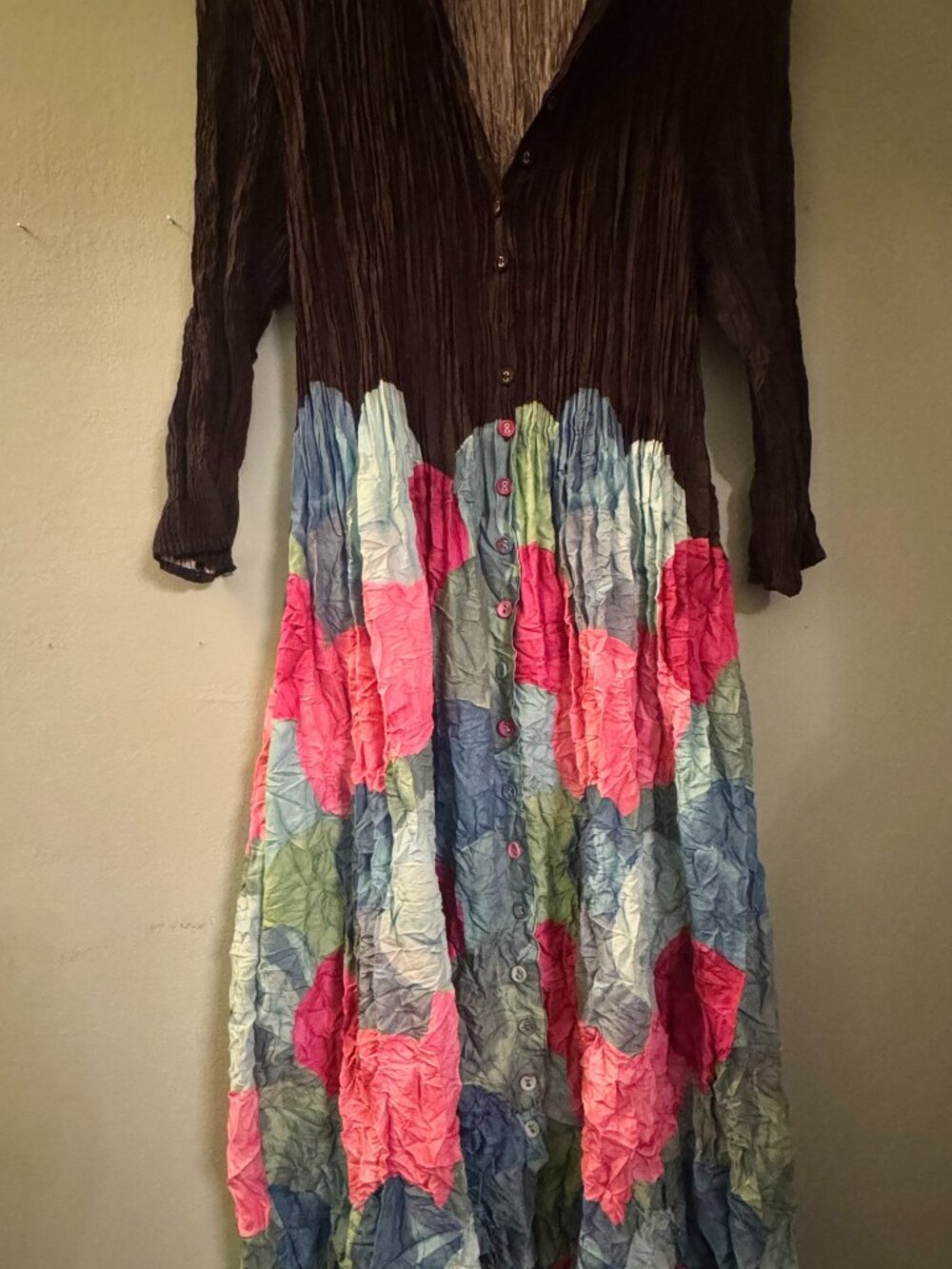 Alquema Hand Pleated Crinkle Midi Dress Button Front Art to Wear Lagenlook